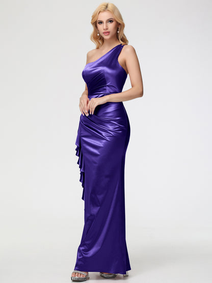 Regency Purple Bridesmaid Dress Trumpet/Mermaid One Shoulder Sleeveless Pleats Ruffles Stretch Satin Bridesmaid Dresses