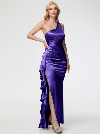 Regency Purple Bridesmaid Dress Trumpet/Mermaid One Shoulder Sleeveless Pleats Ruffles Stretch Satin Bridesmaid Dresses