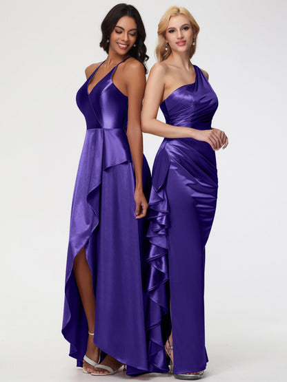 Regency Purple Bridesmaid Dress Trumpet/Mermaid One Shoulder Sleeveless Pleats Ruffles Stretch Satin Bridesmaid Dresses