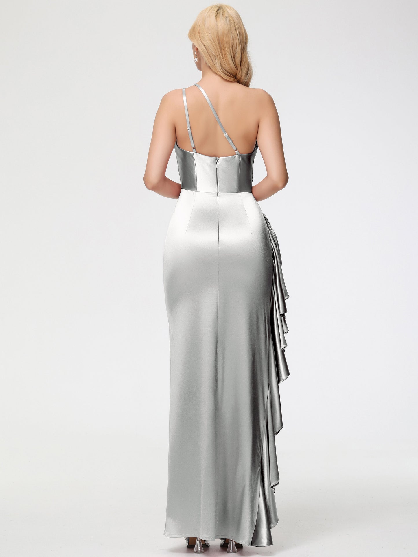 Silver One Shoulder Bridesmaid Dress Trumpet/Mermaid One Shoulder Sleeveless Pleats Ruffles Stretch Satin Bridesmaid Dresses