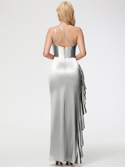 Silver One Shoulder Bridesmaid Dress Trumpet/Mermaid One Shoulder Sleeveless Pleats Ruffles Stretch Satin Bridesmaid Dresses