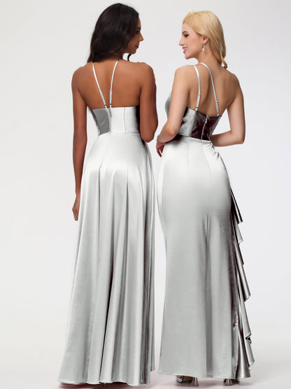 Silver One Shoulder Bridesmaid Dress Trumpet/Mermaid One Shoulder Sleeveless Pleats Ruffles Stretch Satin Bridesmaid Dresses