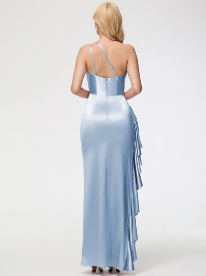 Sky Blue Baby Blue Bridesmaid Dresses Trumpet/Mermaid One Shoulder Sleeveless Pleats Ruffles Stretch Satin Bridesmaid Dresses