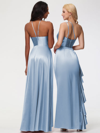 Sky Blue Baby Blue Bridesmaid Dresses Trumpet/Mermaid One Shoulder Sleeveless Pleats Ruffles Stretch Satin Bridesmaid Dresses