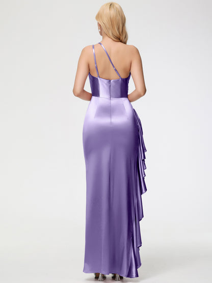 Tahiti Bridesmaid Dress Trumpet/Mermaid One Shoulder Sleeveless Pleats Ruffles Stretch Satin Bridesmaid Dresses