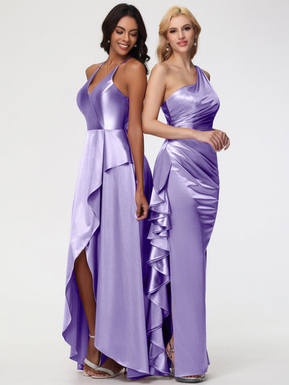 Tahiti Bridesmaid Dress Trumpet/Mermaid One Shoulder Sleeveless Pleats Ruffles Stretch Satin Bridesmaid Dresses