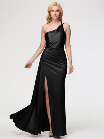 Long Black Bridesmaid Dress One Shoulder Trumpet/Mermaid Straps Pleats Stretch Satin Bridesmaid Dresses