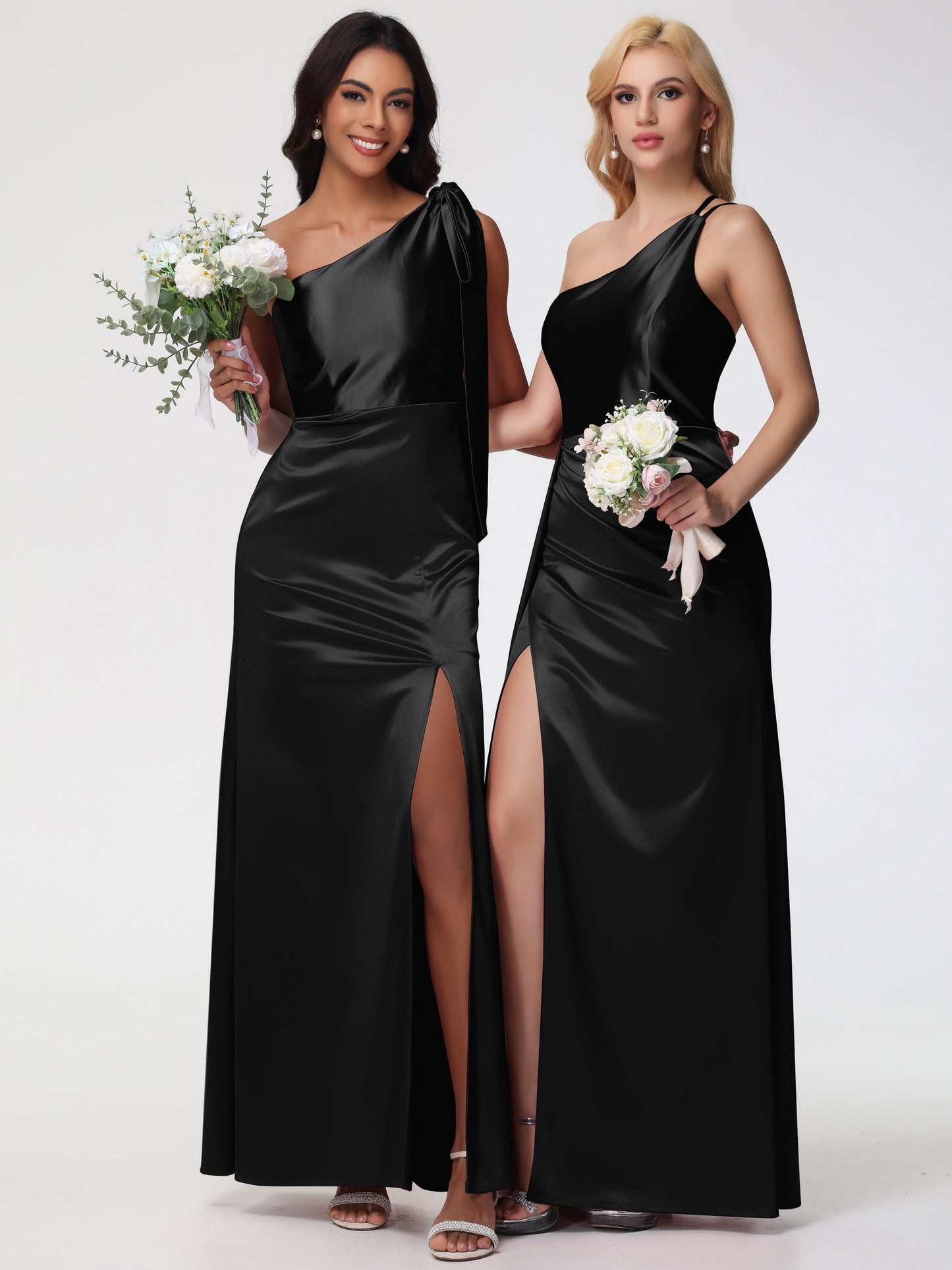 Long Black Bridesmaid Dress One Shoulder Trumpet/Mermaid Straps Pleats Stretch Satin Bridesmaid Dresses
