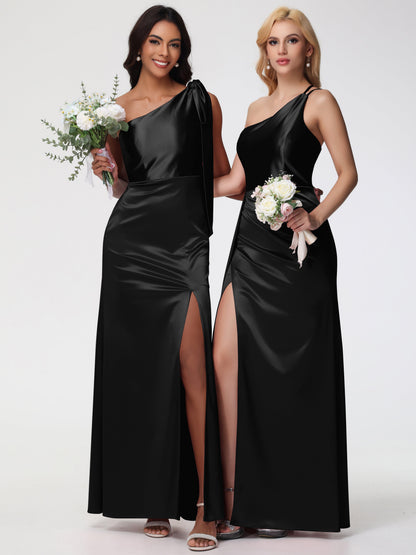Long Black Bridesmaid Dress One Shoulder Trumpet/Mermaid Straps Pleats Stretch Satin Bridesmaid Dresses