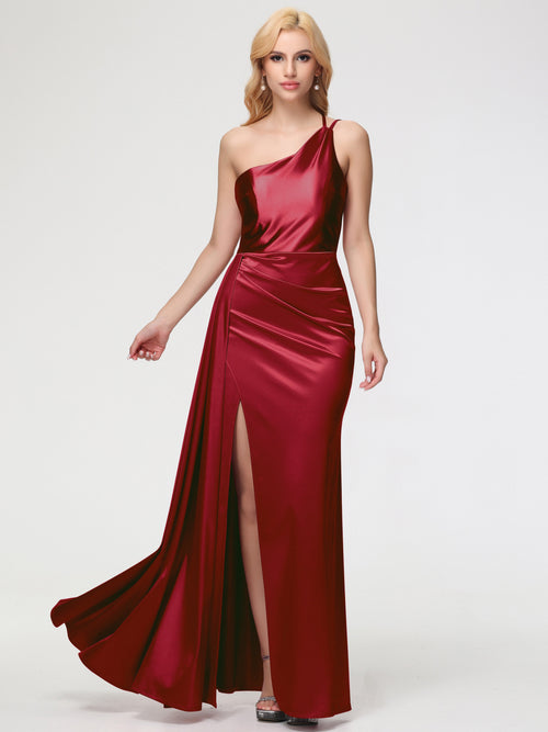 Elegant Burgundy Bridesmaid Dresses One Shoulder Trumpet/Mermaid Straps Pleats Stretch Satin Bridesmaid Dresses