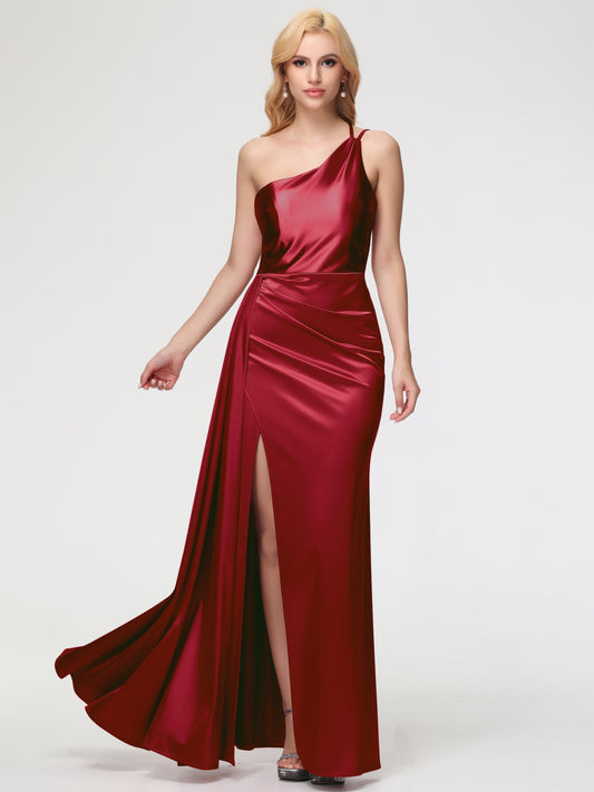 Elegant Burgundy Bridesmaid Dresses One Shoulder Trumpet/Mermaid Straps Pleats Stretch Satin Bridesmaid Dresses