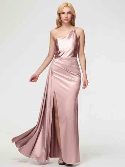 Dusty Rose Bridesmaids One Shoulder Trumpet/Mermaid Straps Pleats Stretch Satin Bridesmaid Dresses