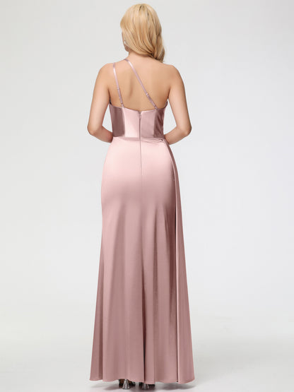 Dusty Rose Bridesmaids One Shoulder Trumpet/Mermaid Straps Pleats Stretch Satin Bridesmaid Dresses