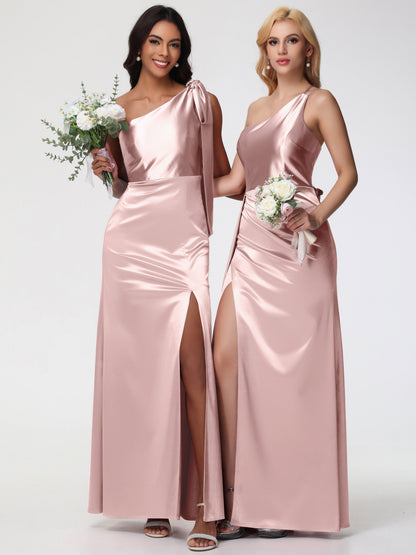 Dusty Rose Bridesmaids One Shoulder Trumpet/Mermaid Straps Pleats Stretch Satin Bridesmaid Dresses