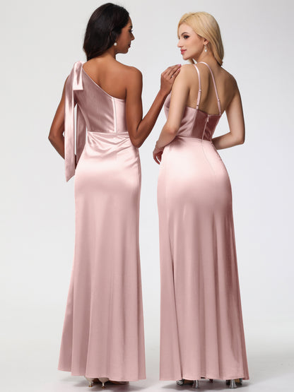 Dusty Rose Bridesmaids One Shoulder Trumpet/Mermaid Straps Pleats Stretch Satin Bridesmaid Dresses