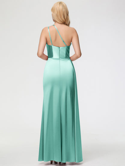 Mint Green Bridesmaids Dress One Shoulder Trumpet/Mermaid Straps Pleats Stretch Satin Bridesmaid Dresses