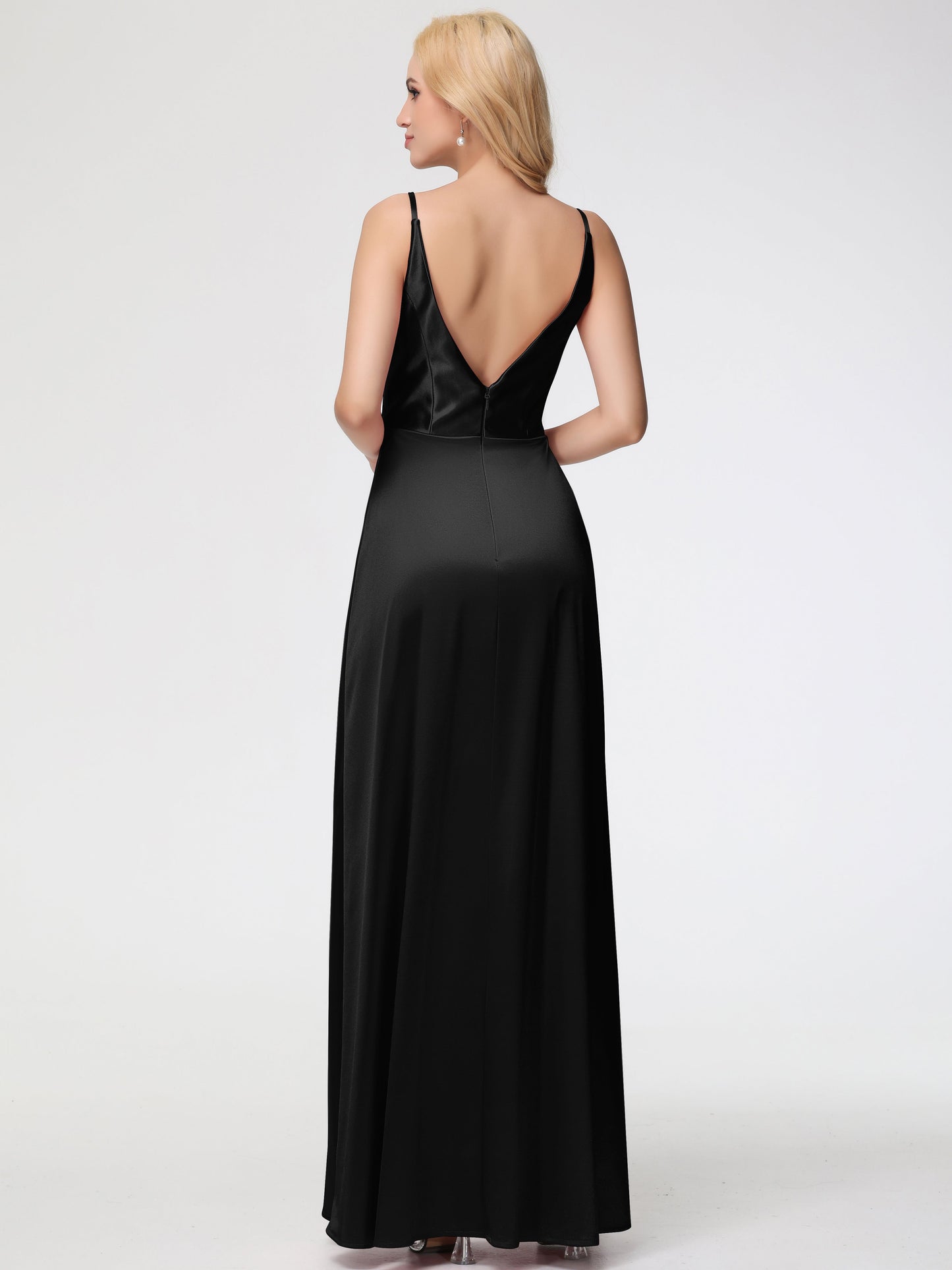 Bridesmaids Dresses Black Spaghetti Straps A-Line V-Neck Pleats Stretch Satin Bridesmaid Dresses