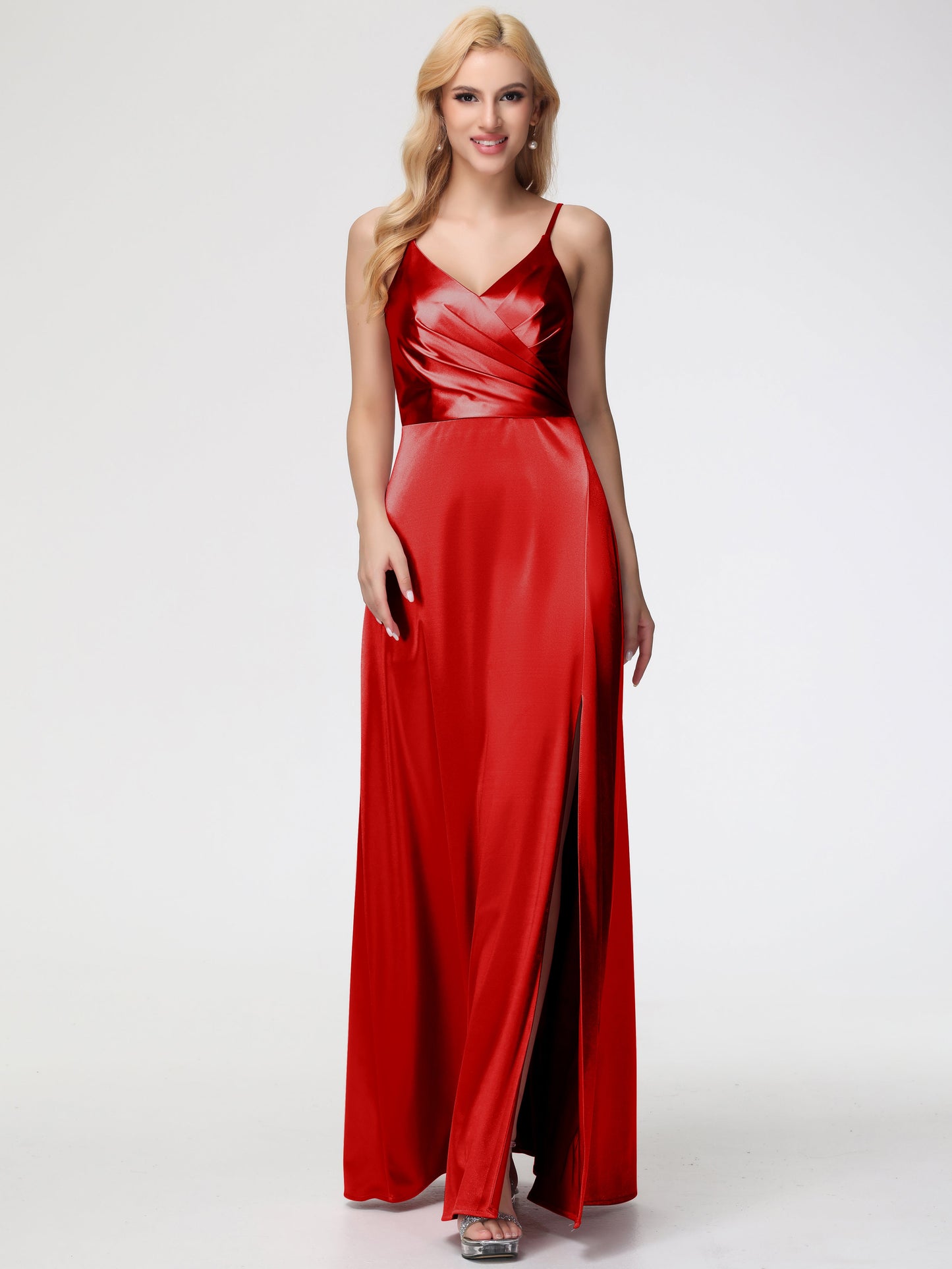 Bridesmaid Red Dresses Spaghetti Straps A-Line V-Neck Pleats Stretch Satin Bridesmaid Dresses