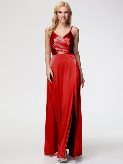 Bridesmaid Red Dresses Spaghetti Straps A-Line V-Neck Pleats Stretch Satin Bridesmaid Dresses