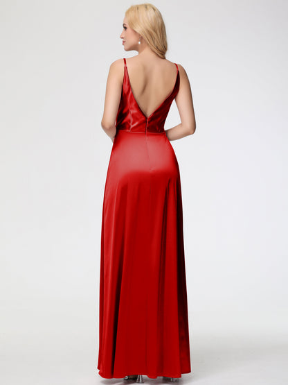 Bridesmaid Red Dresses Spaghetti Straps A-Line V-Neck Pleats Stretch Satin Bridesmaid Dresses