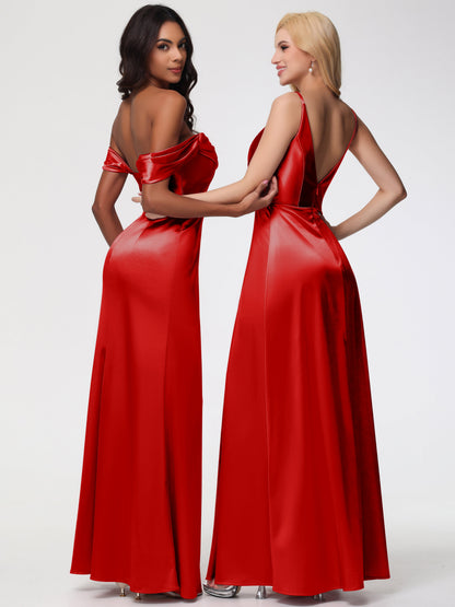 Bridesmaid Red Dresses Spaghetti Straps A-Line V-Neck Pleats Stretch Satin Bridesmaid Dresses