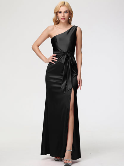 Black One Shoulder Bridesmaid Dress One Shoulder Trumpet/Mermaid Sleeveless Pleats Stretch Satin Bridesmaid Dresses