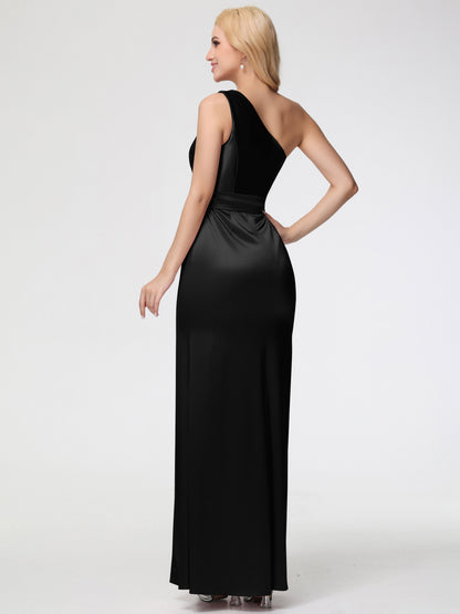 Black One Shoulder Bridesmaid Dress One Shoulder Trumpet/Mermaid Sleeveless Pleats Stretch Satin Bridesmaid Dresses