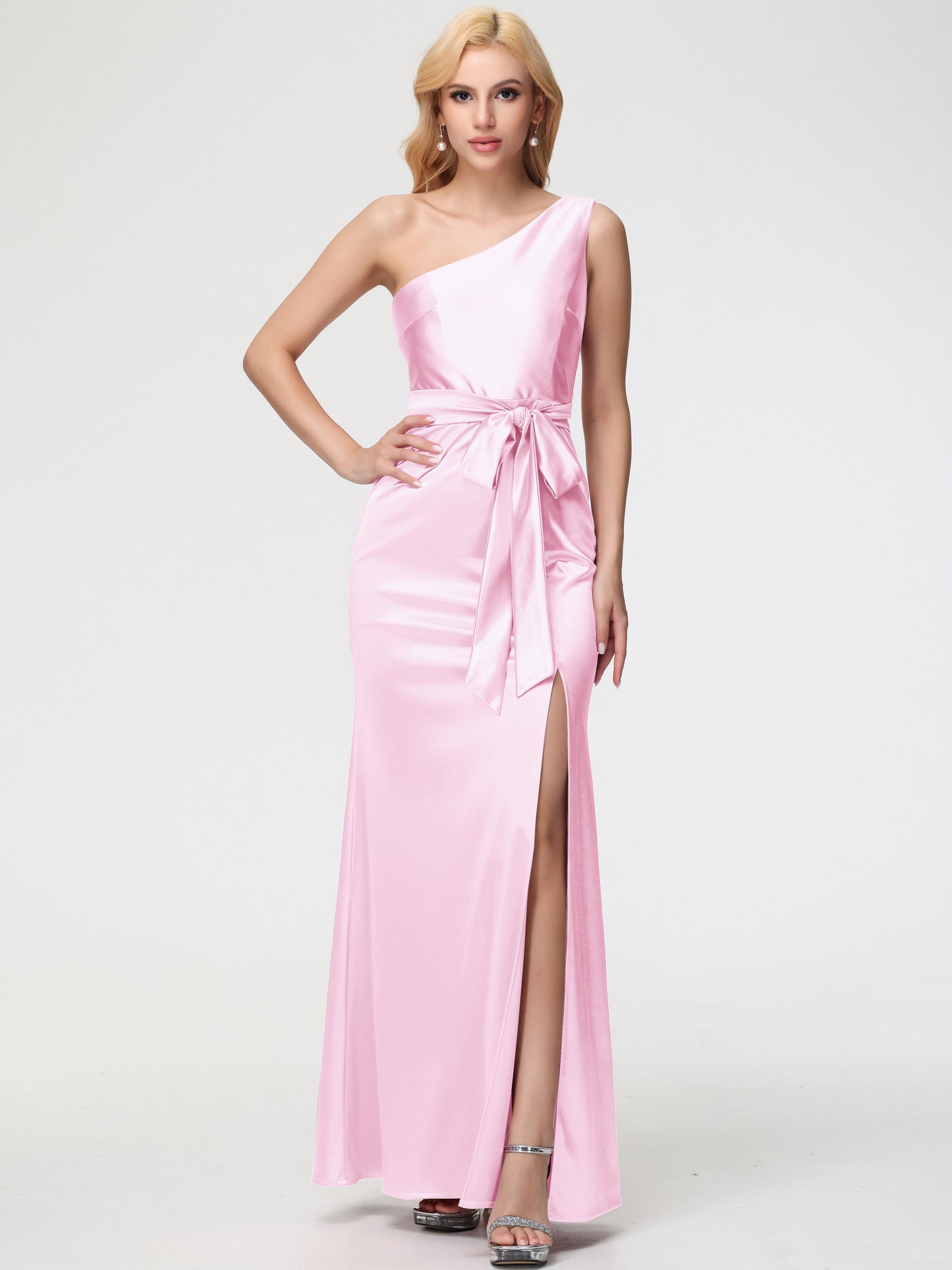 Bridesmaid Dresses Blush Pink One Shoulder Trumpet/Mermaid Sleeveless Pleats Stretch Satin Bridesmaid Dresses