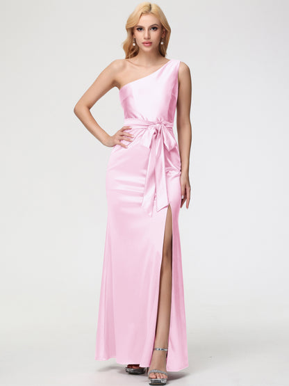 Bridesmaid Dresses Blush Pink One Shoulder Trumpet/Mermaid Sleeveless Pleats Stretch Satin Bridesmaid Dresses