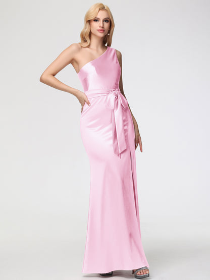 Bridesmaid Dresses Blush Pink One Shoulder Trumpet/Mermaid Sleeveless Pleats Stretch Satin Bridesmaid Dresses