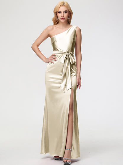 Bridesmaid Dresses Champagne One Shoulder Trumpet/Mermaid Sleeveless Pleats Stretch Satin Bridesmaid Dresses