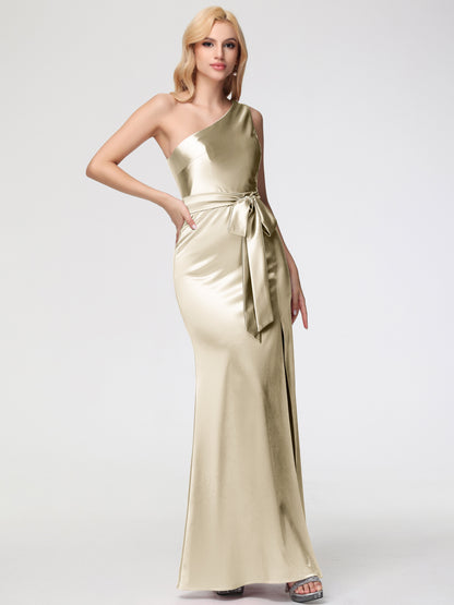Bridesmaid Dresses Champagne One Shoulder Trumpet/Mermaid Sleeveless Pleats Stretch Satin Bridesmaid Dresses