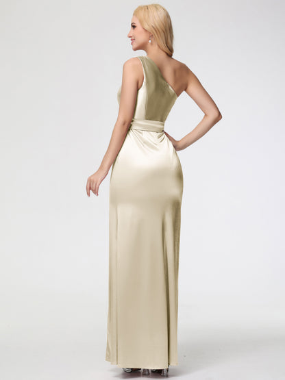 Bridesmaid Dresses Champagne One Shoulder Trumpet/Mermaid Sleeveless Pleats Stretch Satin Bridesmaid Dresses