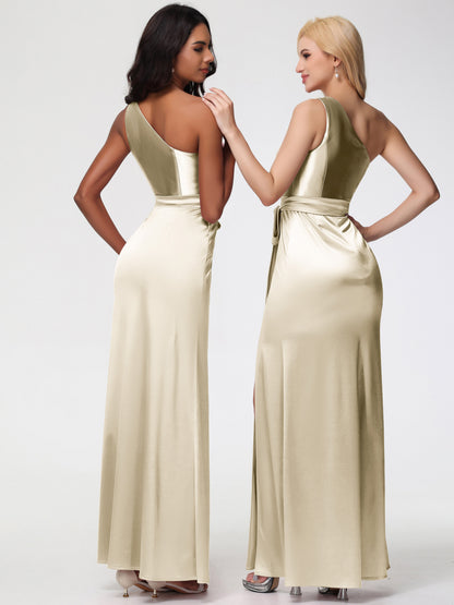 Bridesmaid Dresses Champagne One Shoulder Trumpet/Mermaid Sleeveless Pleats Stretch Satin Bridesmaid Dresses
