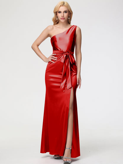 Bridesmaid Dresses Red One Shoulder Trumpet/Mermaid Sleeveless Pleats Stretch Satin Bridesmaid Dresses