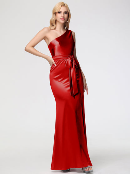 Bridesmaid Dresses Red One Shoulder Trumpet/Mermaid Sleeveless Pleats Stretch Satin Bridesmaid Dresses