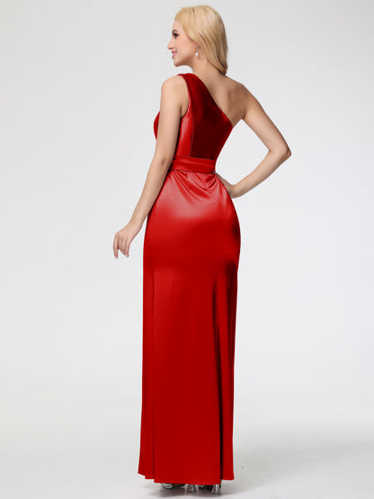 Bridesmaid Dresses Red One Shoulder Trumpet/Mermaid Sleeveless Pleats Stretch Satin Bridesmaid Dresses
