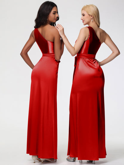 Bridesmaid Dresses Red One Shoulder Trumpet/Mermaid Sleeveless Pleats Stretch Satin Bridesmaid Dresses