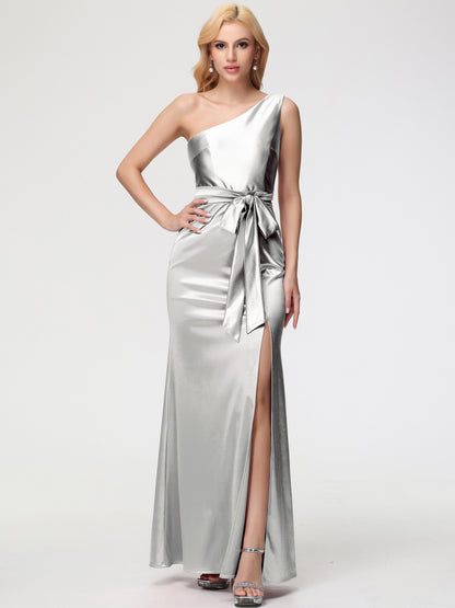 Bridesmaid Dresses Silver One Shoulder Trumpet/Mermaid Sleeveless Pleats Stretch Satin Bridesmaid Dresses