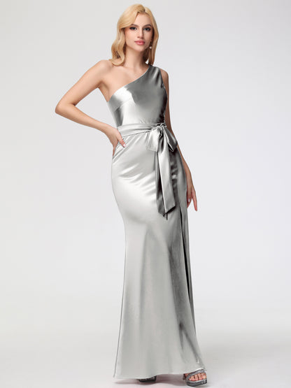 Bridesmaid Dresses Silver One Shoulder Trumpet/Mermaid Sleeveless Pleats Stretch Satin Bridesmaid Dresses