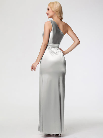 Bridesmaid Dresses Silver One Shoulder Trumpet/Mermaid Sleeveless Pleats Stretch Satin Bridesmaid Dresses
