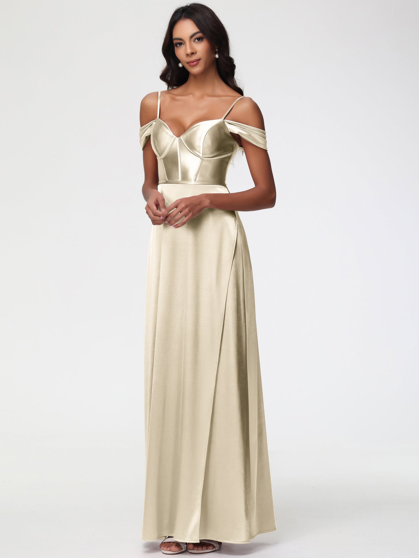 Champagne Bridesmaid Dresses Off The Shoulder Sweetheart Spaghetti Straps Long Stretch Satin Bridesmaid Dress