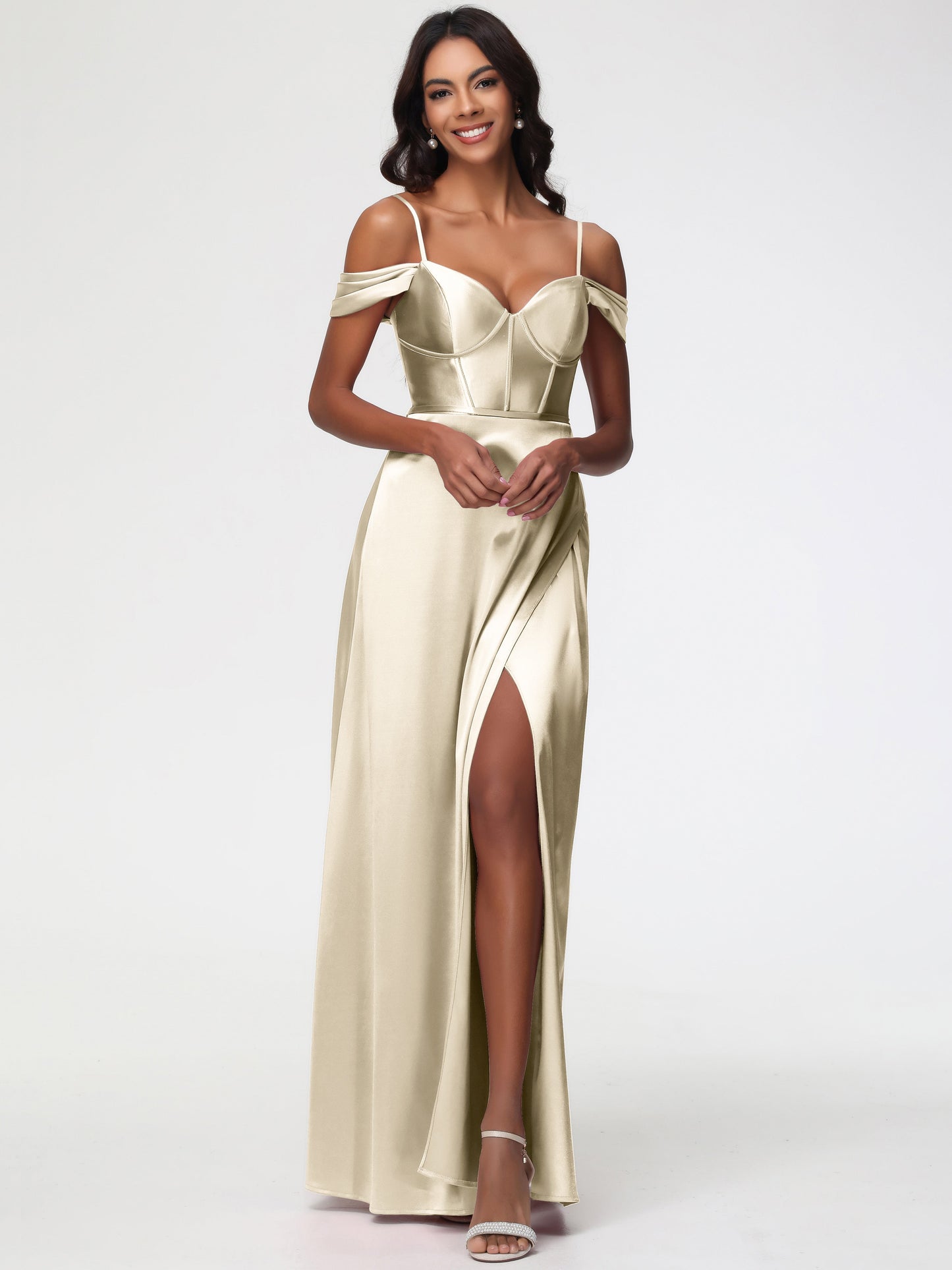 Champagne Bridesmaid Dresses Off The Shoulder Sweetheart Spaghetti Straps Long Stretch Satin Bridesmaid Dress