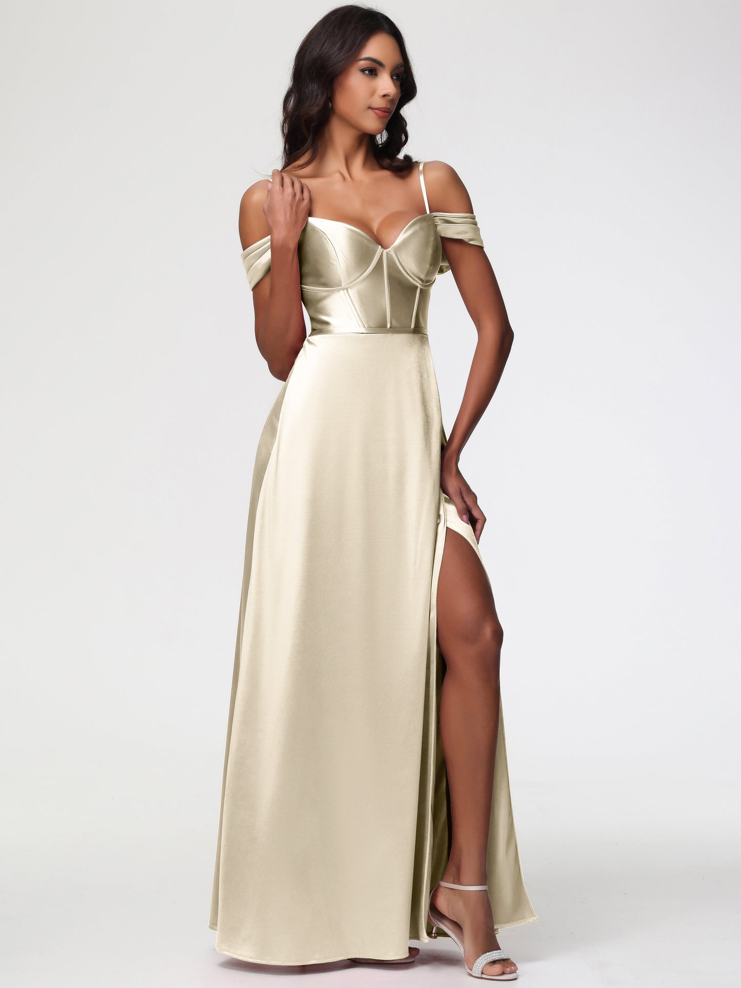 Champagne Bridesmaid Dresses Off The Shoulder Sweetheart Spaghetti Straps Long Stretch Satin Bridesmaid Dress