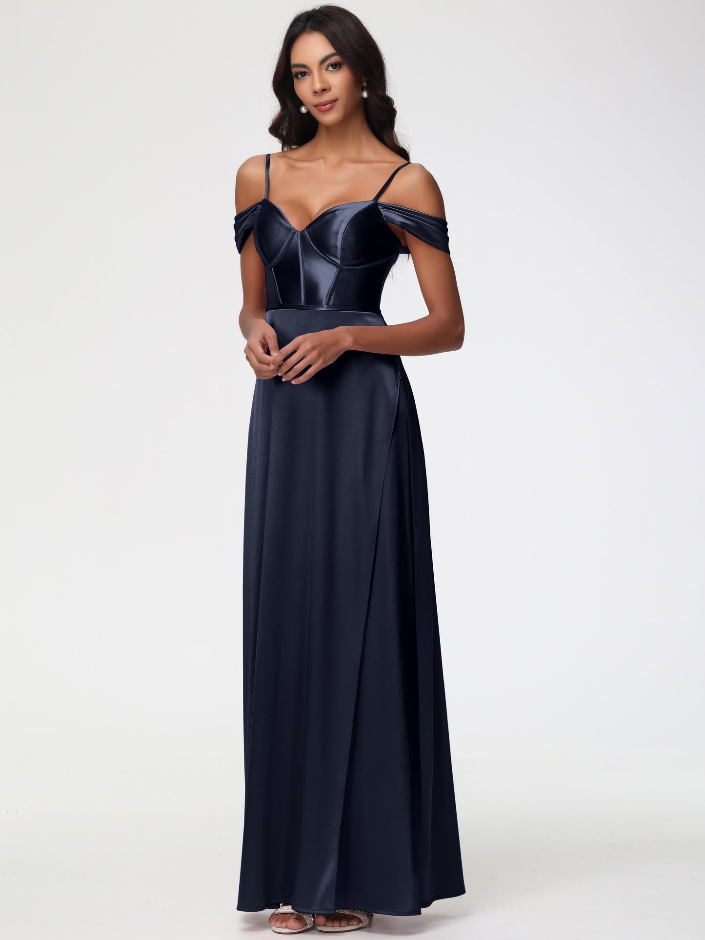 Dark Navy Bridesmaid Dresses Off The Shoulder Sweetheart Spaghetti Straps Long Stretch Satin Bridesmaid Dress