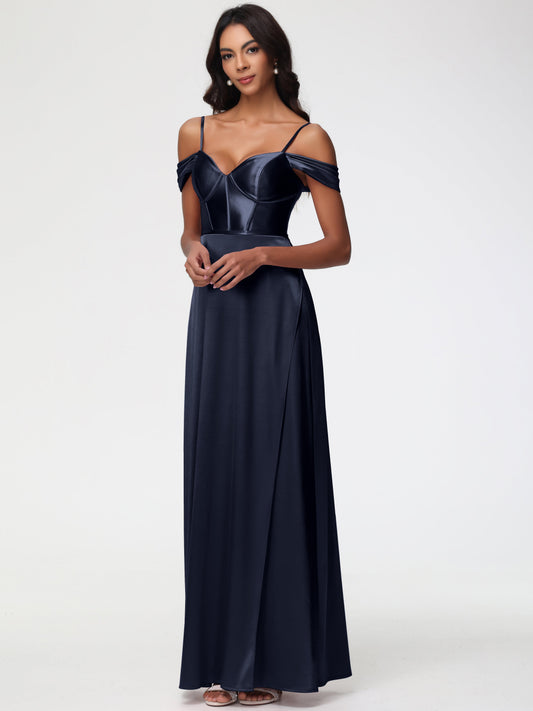 Dark Navy Bridesmaid Dresses Off The Shoulder Sweetheart Spaghetti Straps Long Stretch Satin Bridesmaid Dress