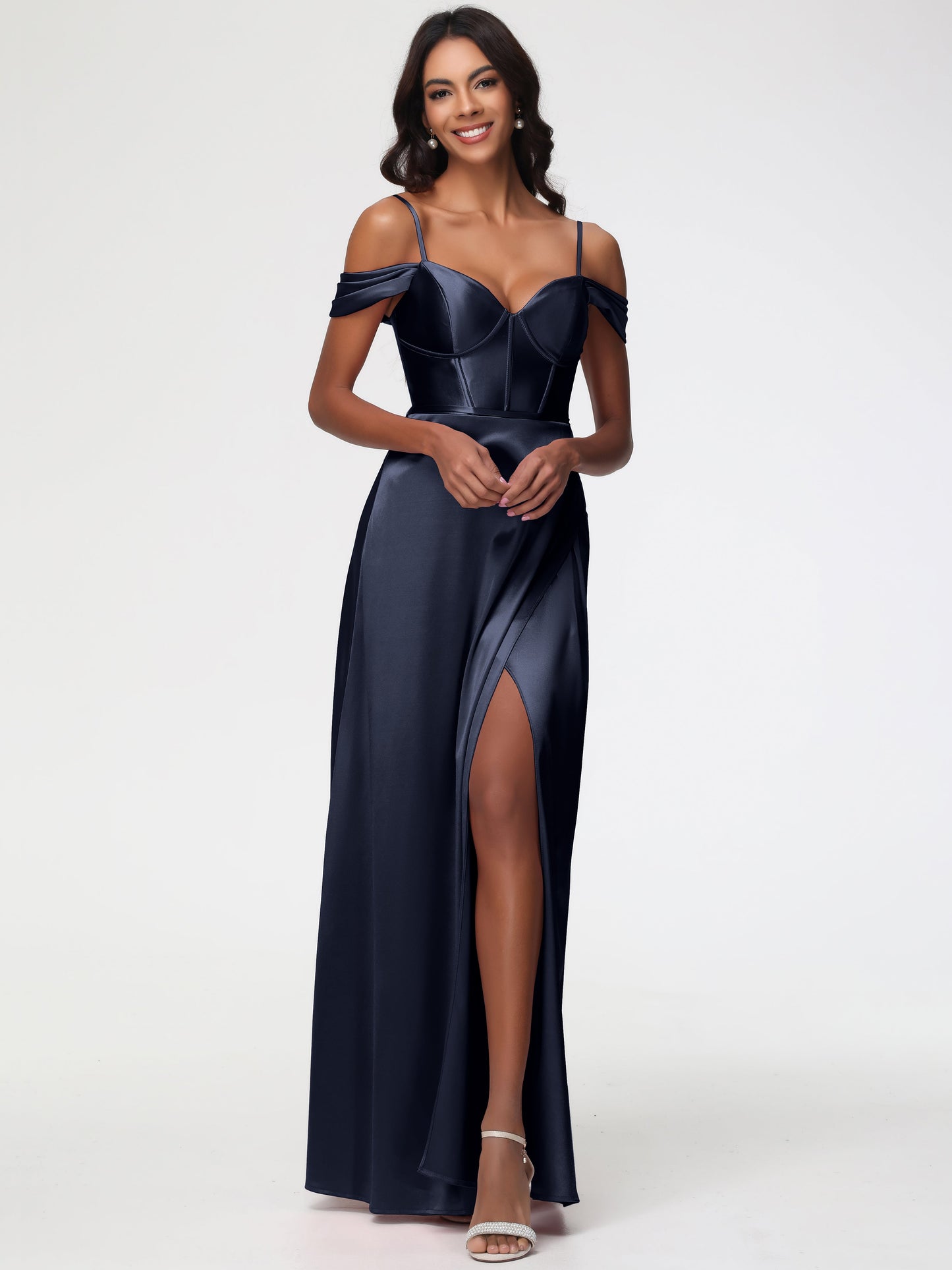 Dark Navy Bridesmaid Dresses Off The Shoulder Sweetheart Spaghetti Straps Long Stretch Satin Bridesmaid Dress