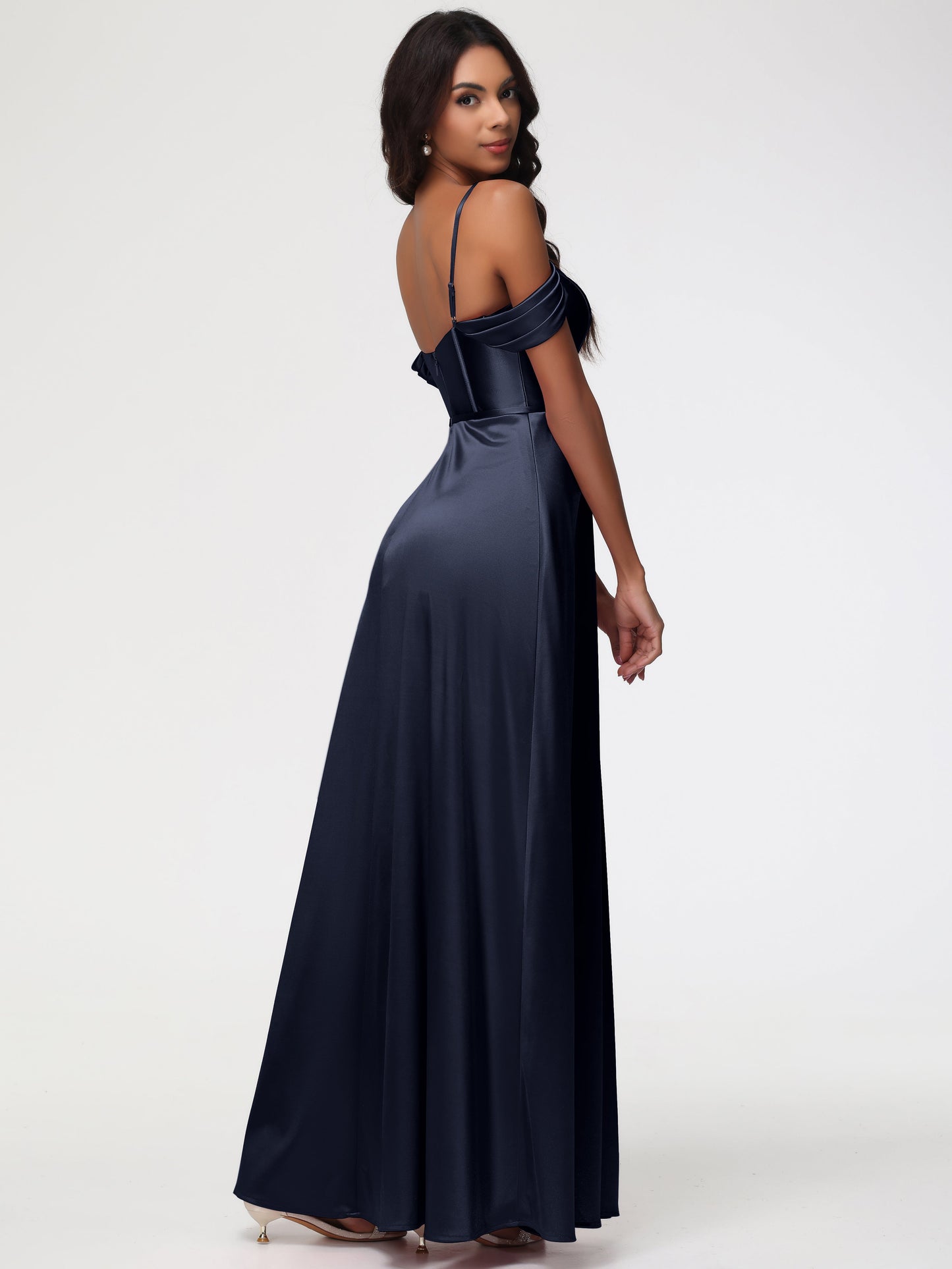 Dark Navy Bridesmaid Dresses Off The Shoulder Sweetheart Spaghetti Straps Long Stretch Satin Bridesmaid Dress