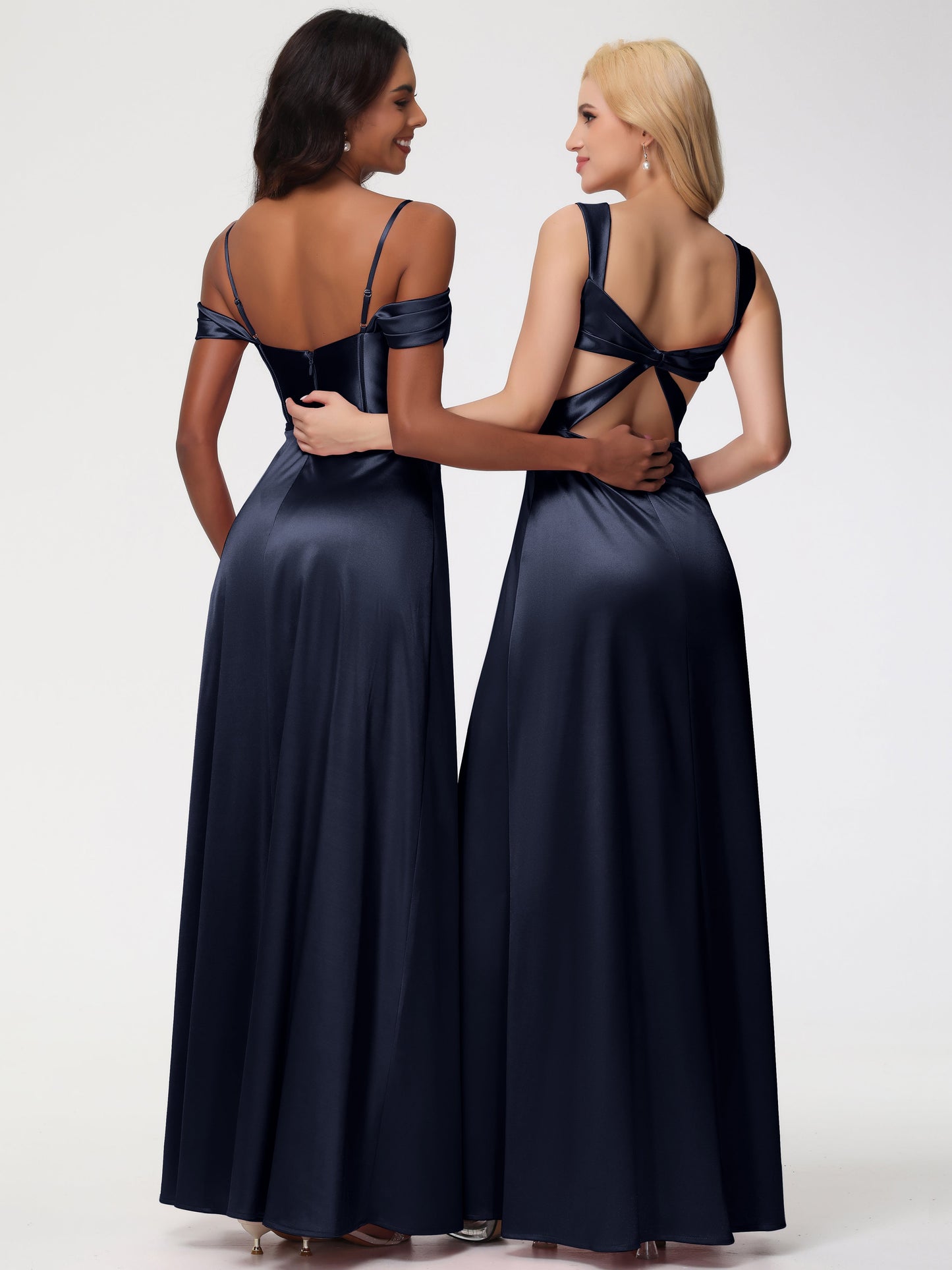 Dark Navy Bridesmaid Dresses Off The Shoulder Sweetheart Spaghetti Straps Long Stretch Satin Bridesmaid Dress