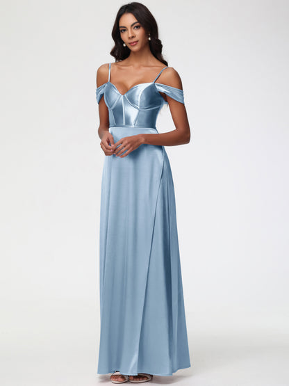 Dusty Blue Bridesmaids Off The Shoulder Sweetheart Spaghetti Straps Long Stretch Satin Bridesmaid Dress